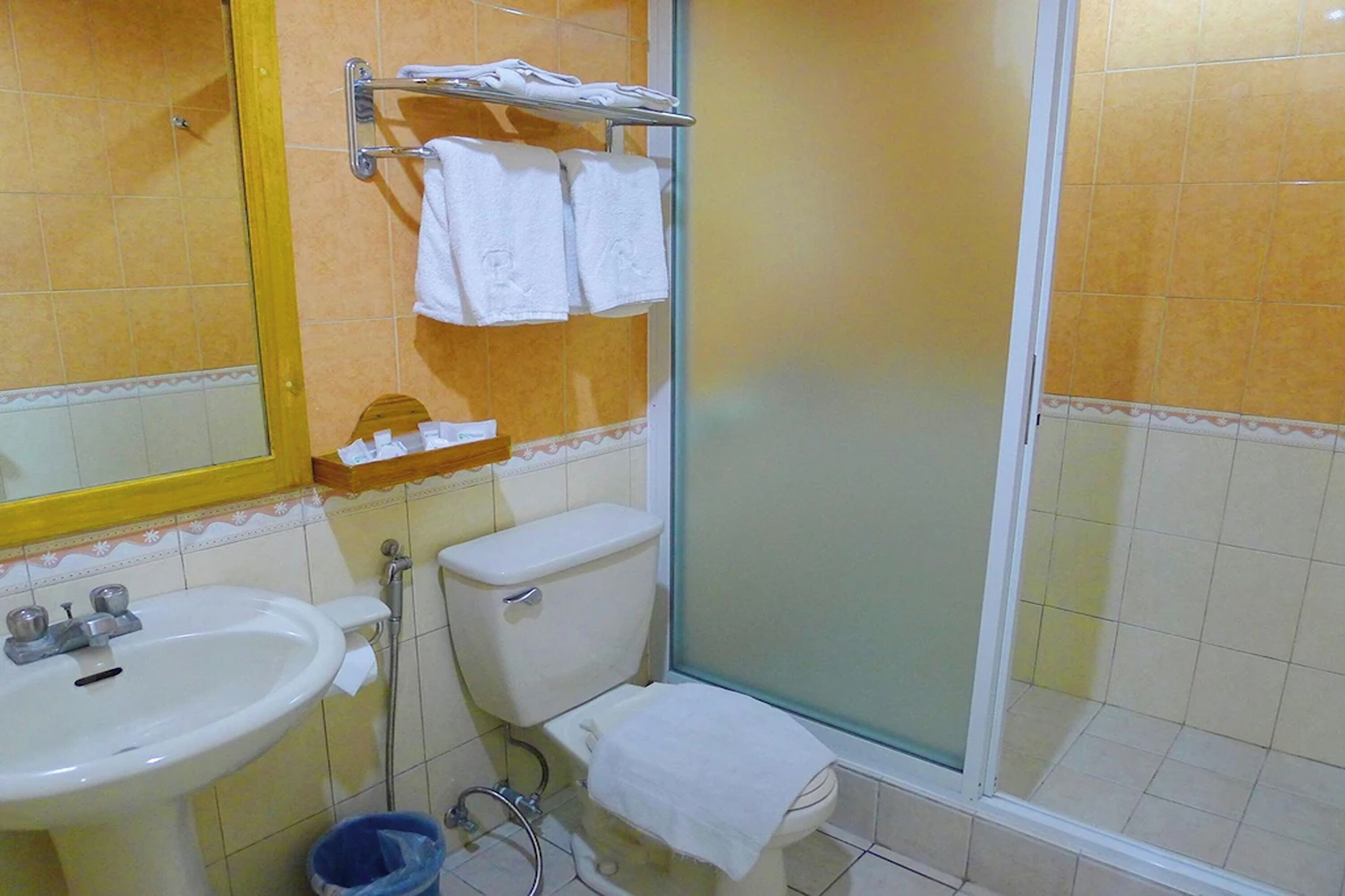 Une salle de bain équipée d’un lavabo, de toilettes et d’une douche.