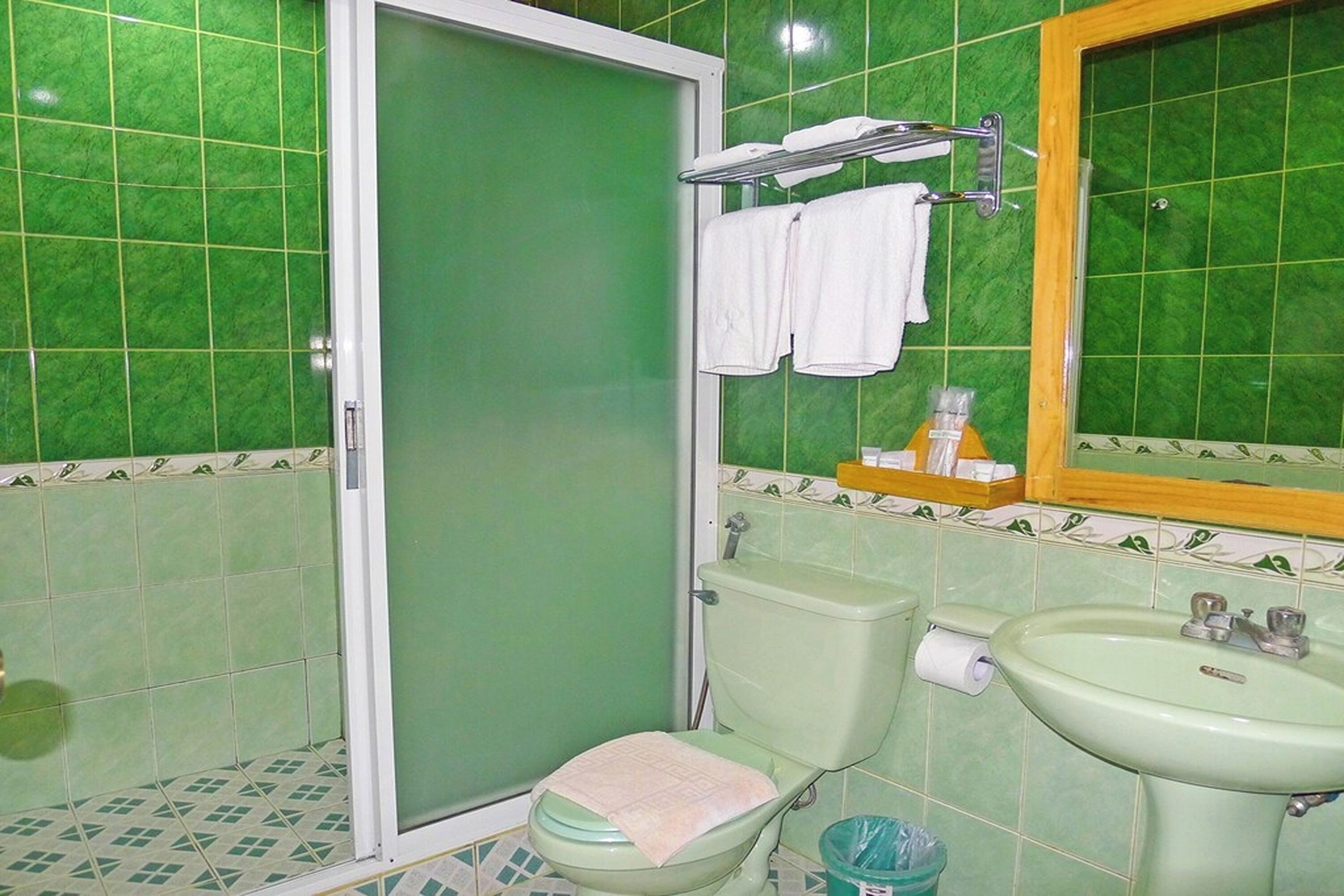 A bathroom with a green tiled wall, a white toilet, a sink, and a shower area.
