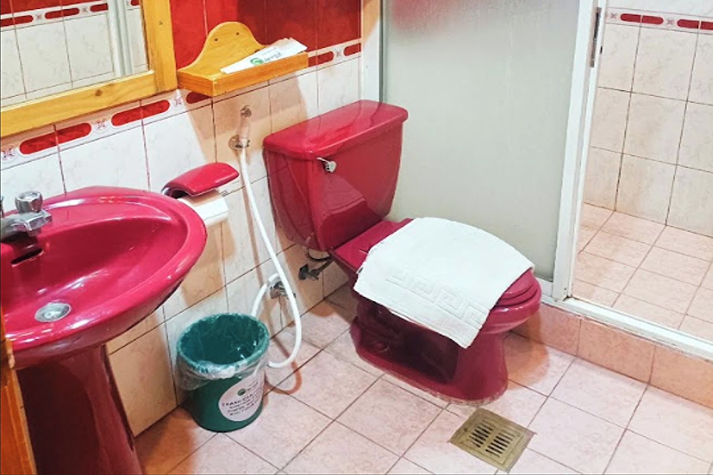 Une salle de bain avec des toilettes rouges, un lavabo rose et une poubelle verte.