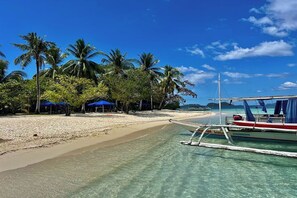 A beach with clear turquoise water, palm trees, and a boat docked on the shore. - Sea Urchin Hotel near Hundred Islands (Alaminos)