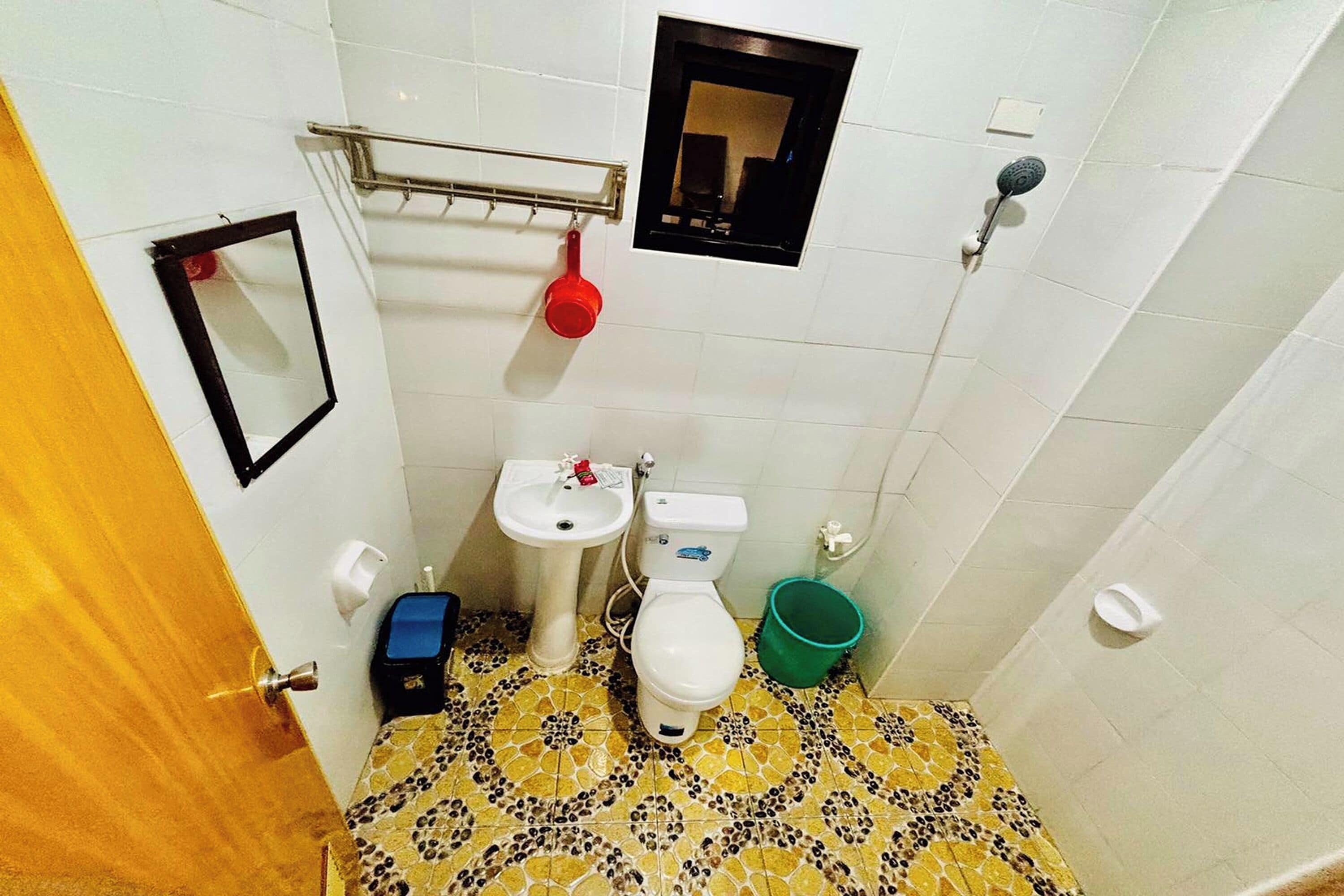 A bathroom with a toilet, sink, and mirror. There is a towel rack above the sink and a showerhead on the wall.