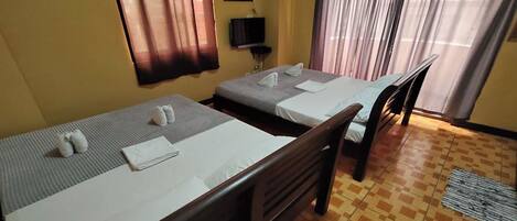 Una habitación de hotel con dos camas individuales, una silla de madera, un televisor y una ventana con cortinas.