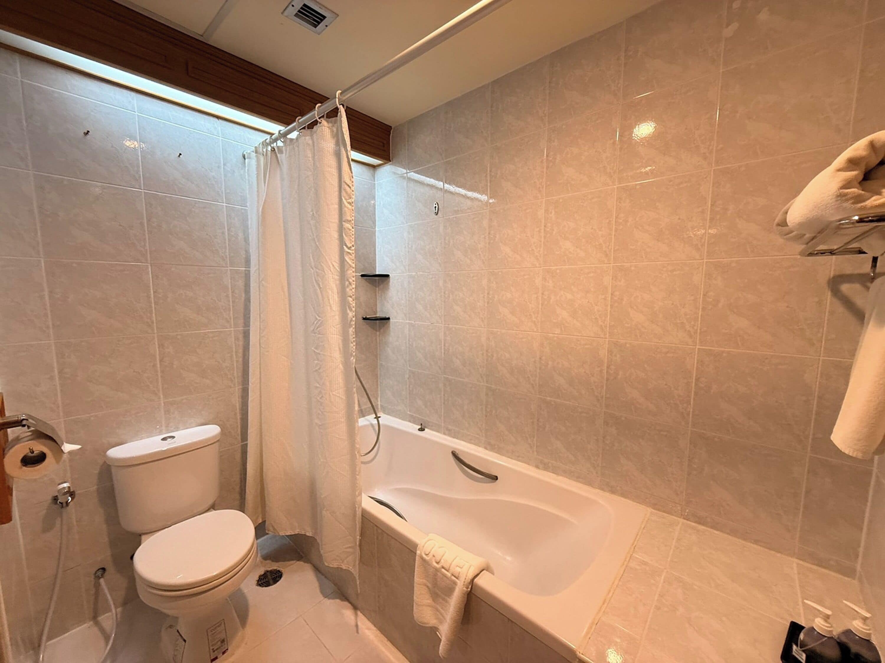A bathroom with a toilet, bathtub, and shower curtain.