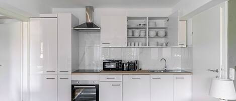 Frigorífico, microondas, horno y placa de cocina