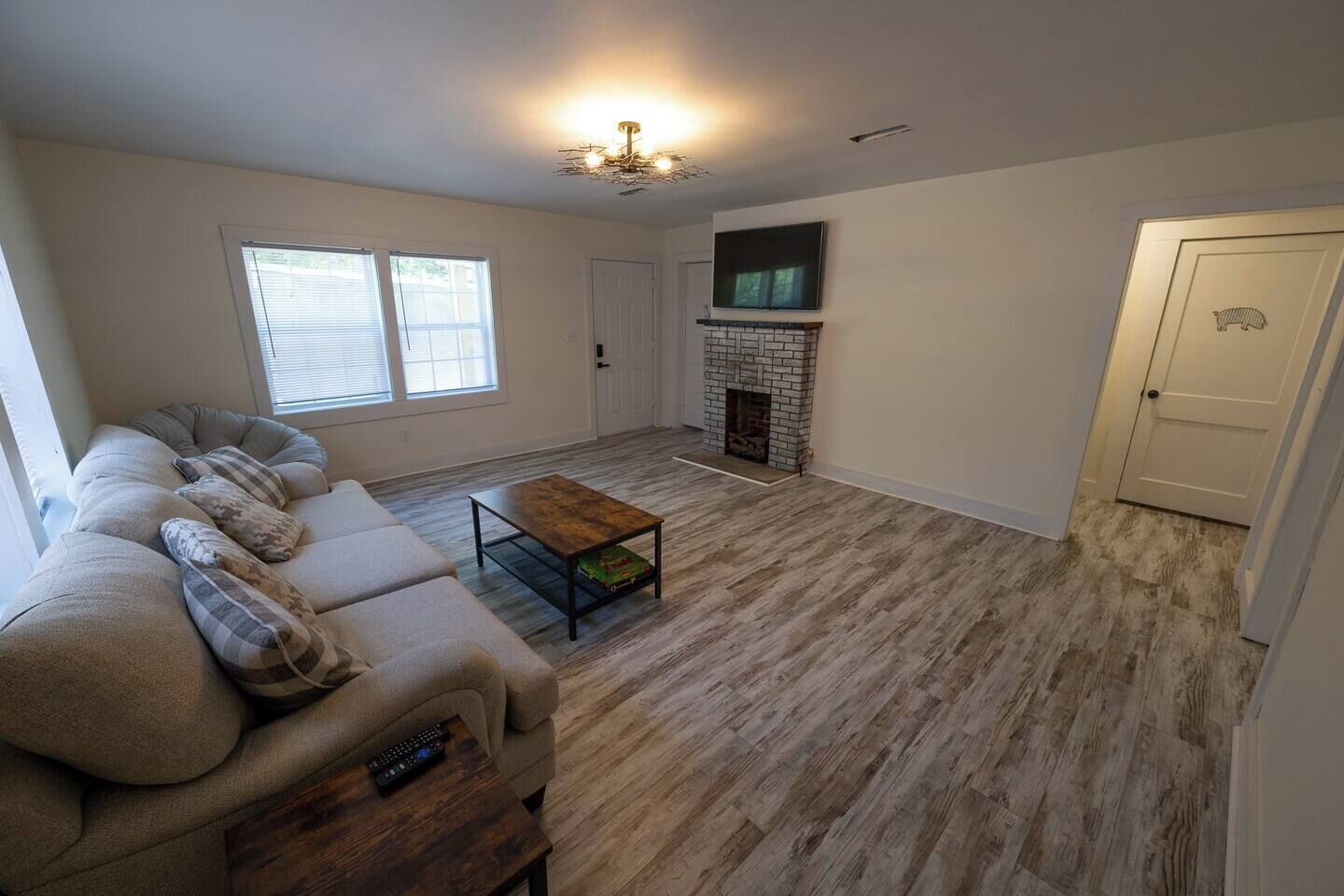 Smart TV, fireplace, books