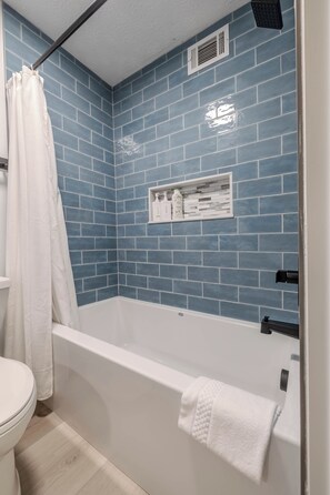 Hair dryer, towels, soap, toilet paper