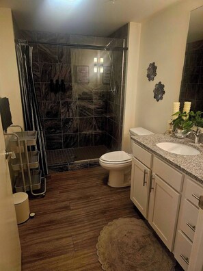 Ducha, secador de pelo, toallas, jabón