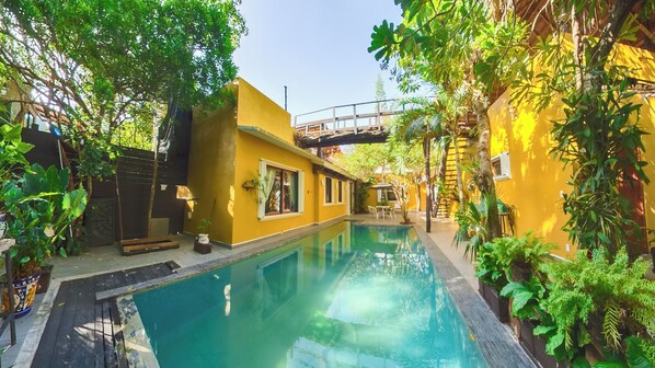 Outdoor pool, pool umbrellas, pool loungers