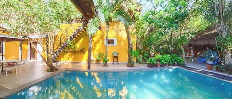 Outdoor pool, pool umbrellas, pool loungers