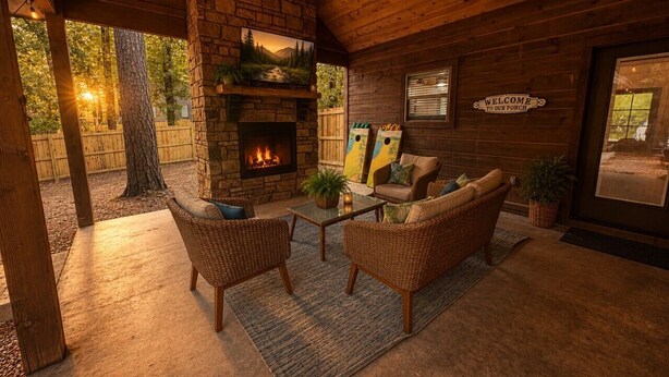 A cozy patio area with wicker furniture, a fireplace, and a welcome sign.