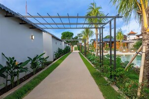 Un sendero conduce a una zona de piscina con una pérgola, rodeada de abundante vegetación y palmeras.