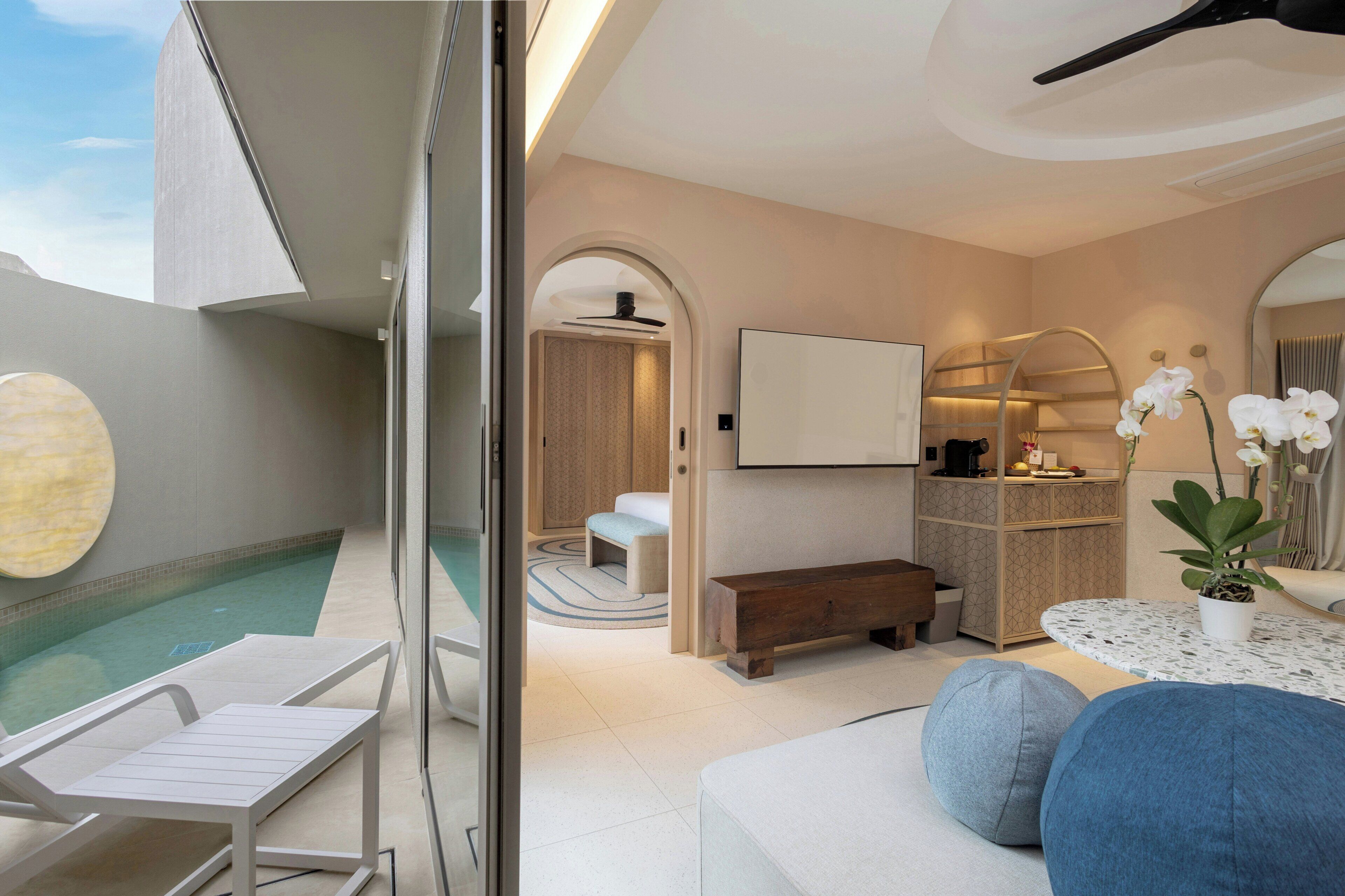 A modern living room with a pool, a sofa, a bench, and a small table with a potted plant.