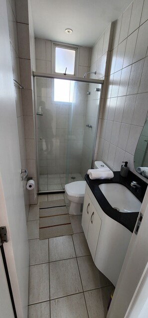 Hair dryer, towels, soap, toilet paper