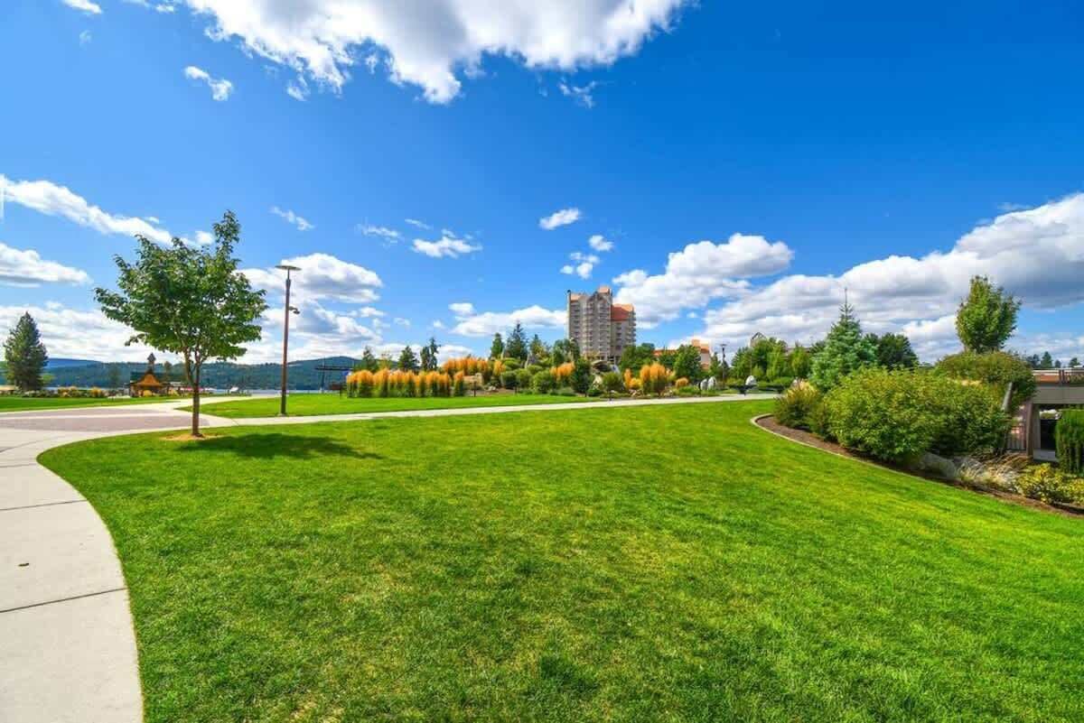 Zona verde bien cuidada con sendero, árboles y un edificio a lo lejos.