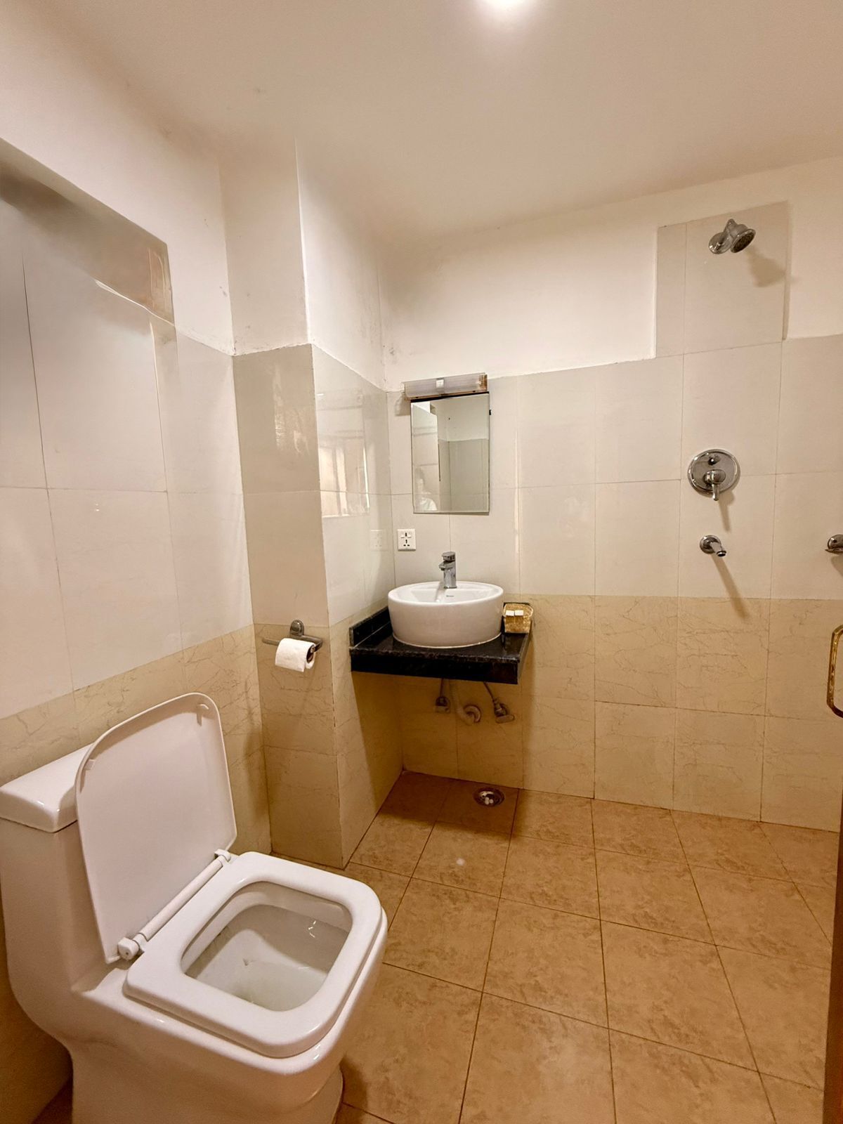 A bathroom with a toilet, sink, and shower.