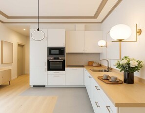 Fridge, microwave, oven, stovetop
