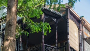 Um edifício de vários andares com varandas elaboradas, janelas amplas e uma árvore em primeiro plano.