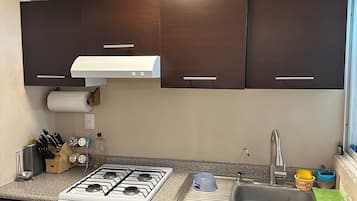 Fridge, microwave, oven, coffee/tea maker