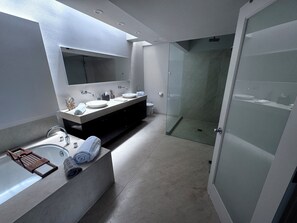 Hair dryer, towels, soap, toilet paper