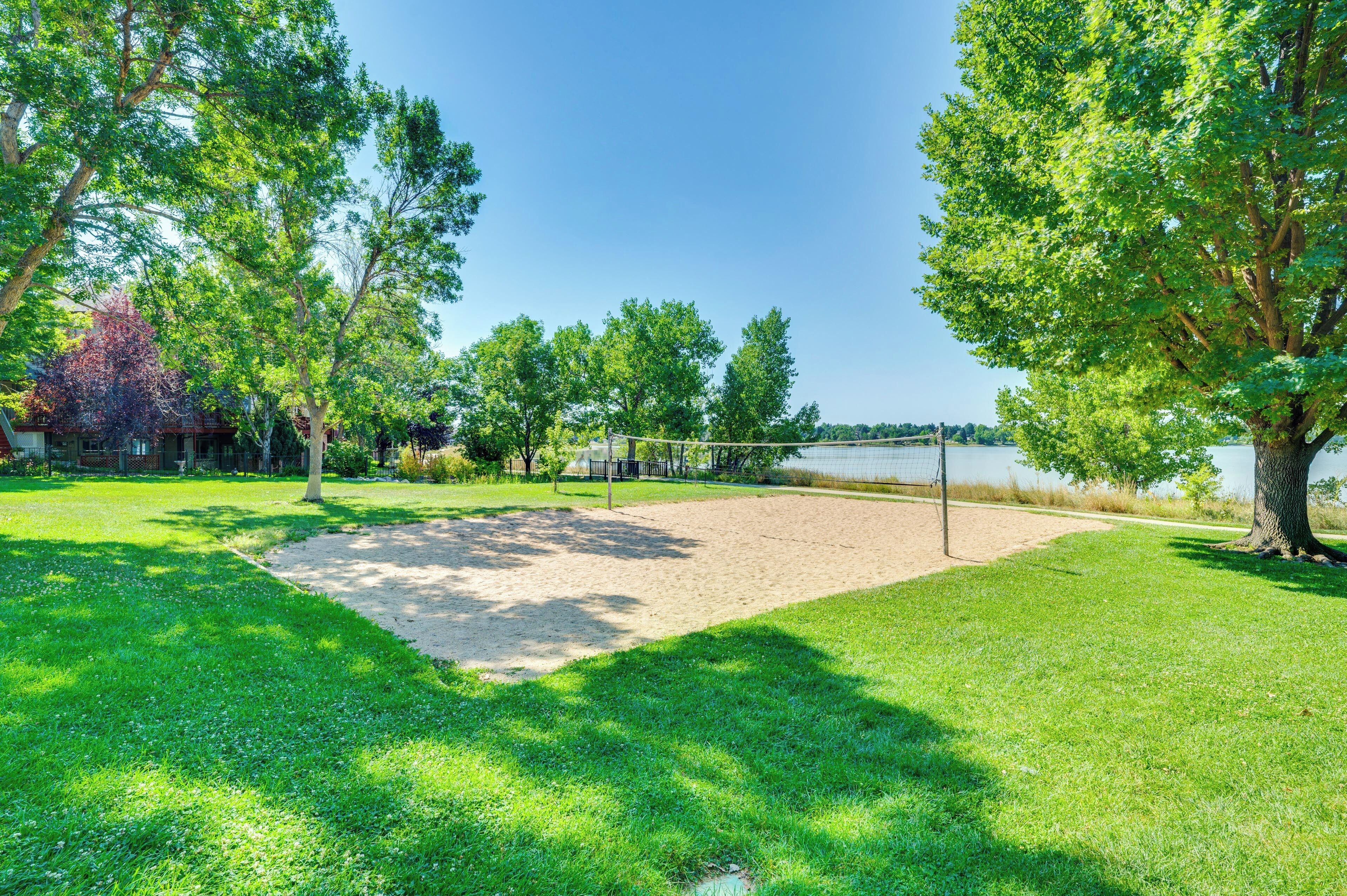 A volleyball court with a net, surrounded by trees and a lake in the background.