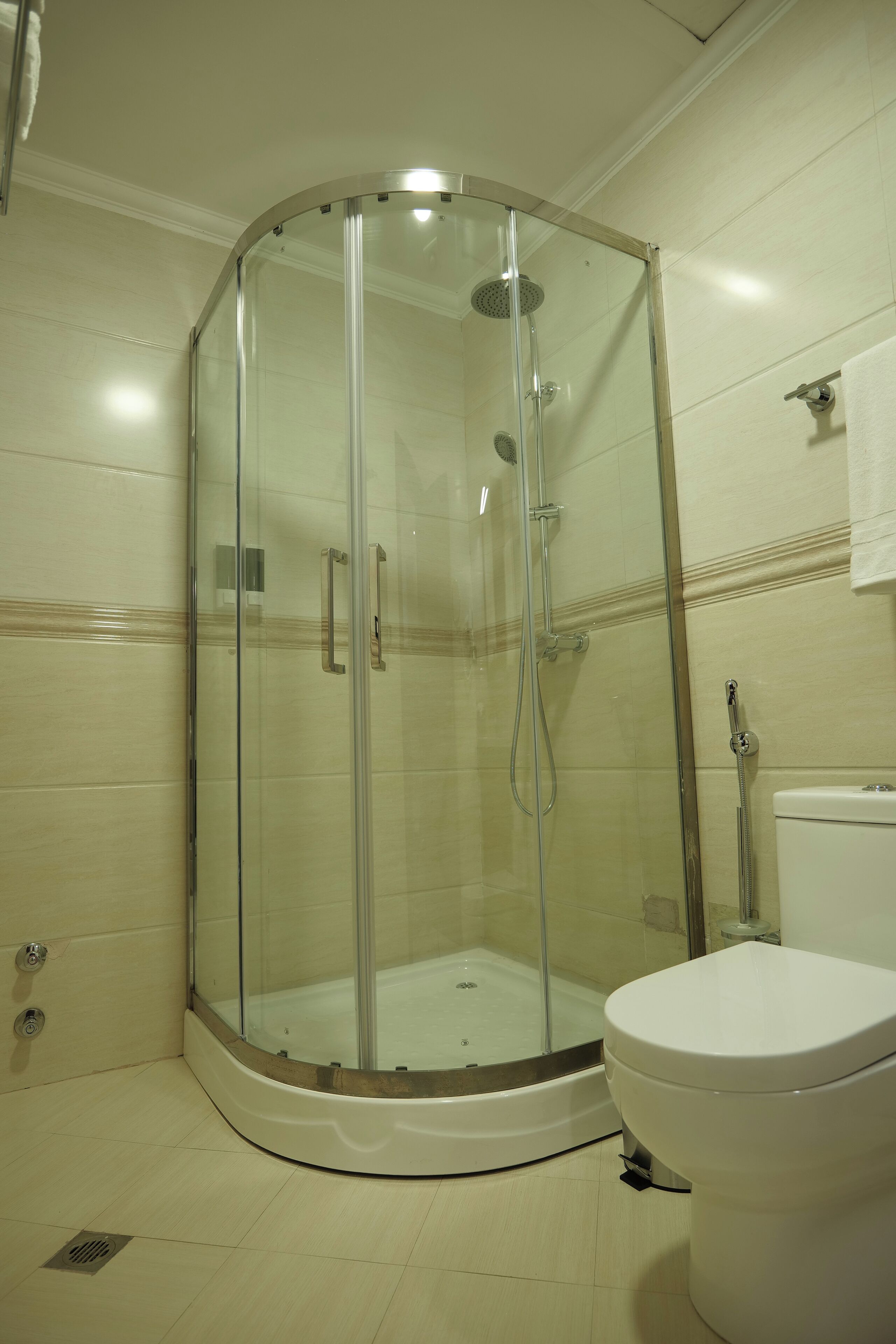 A bathroom with a glass-enclosed shower, a toilet, and a towel rack.