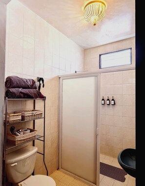 Shower, hair dryer, towels, soap