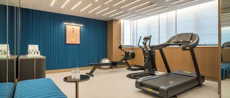 A fitness room with exercise equipment, a blue sofa, and a wall-mounted picture.