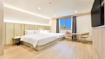 Desk, laptop workspace, blackout curtains, soundproofing