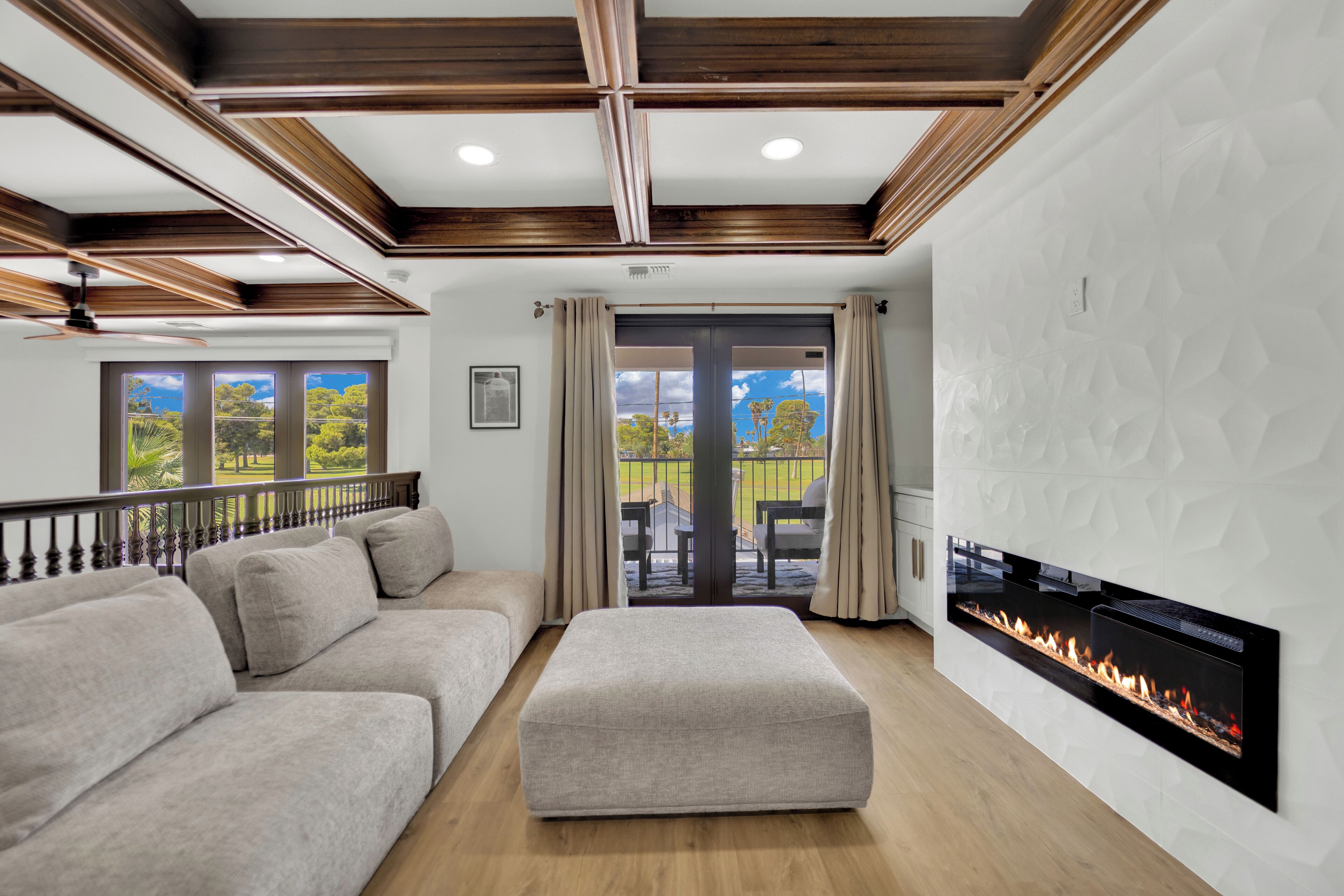 Smart TV, fireplace, books