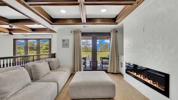 Smart TV, fireplace, books