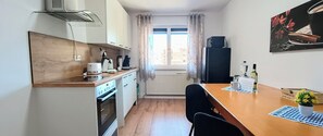 Fridge, microwave, oven, stovetop