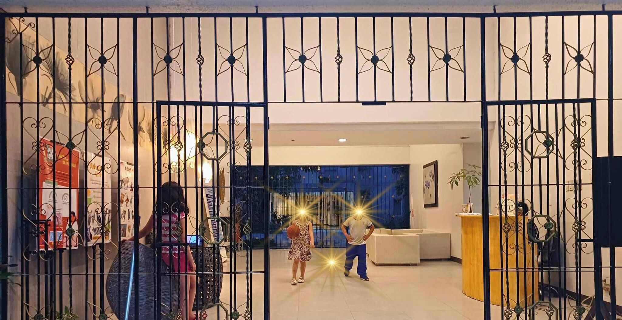 A gated entrance to a modern interior space with a large window and a seating area.