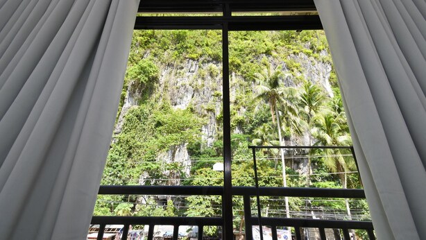 A view through a window with white curtains, featuring a natural landscape with greenery and a rocky cliff. - BonBob Inn (El Nido)