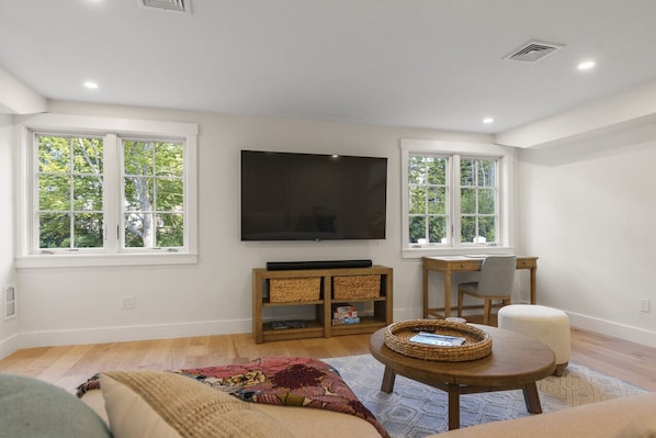 TV, fireplace, books, offices