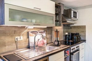 Frigorífico, microondas, horno y placa de cocina