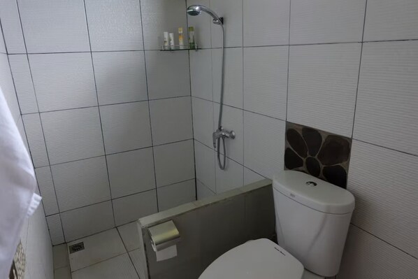 A bathroom with a shower, toilet, and a small shelf with toiletries.