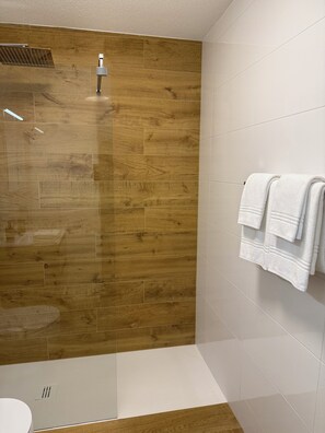 Shower, hair dryer, towels, toilet paper