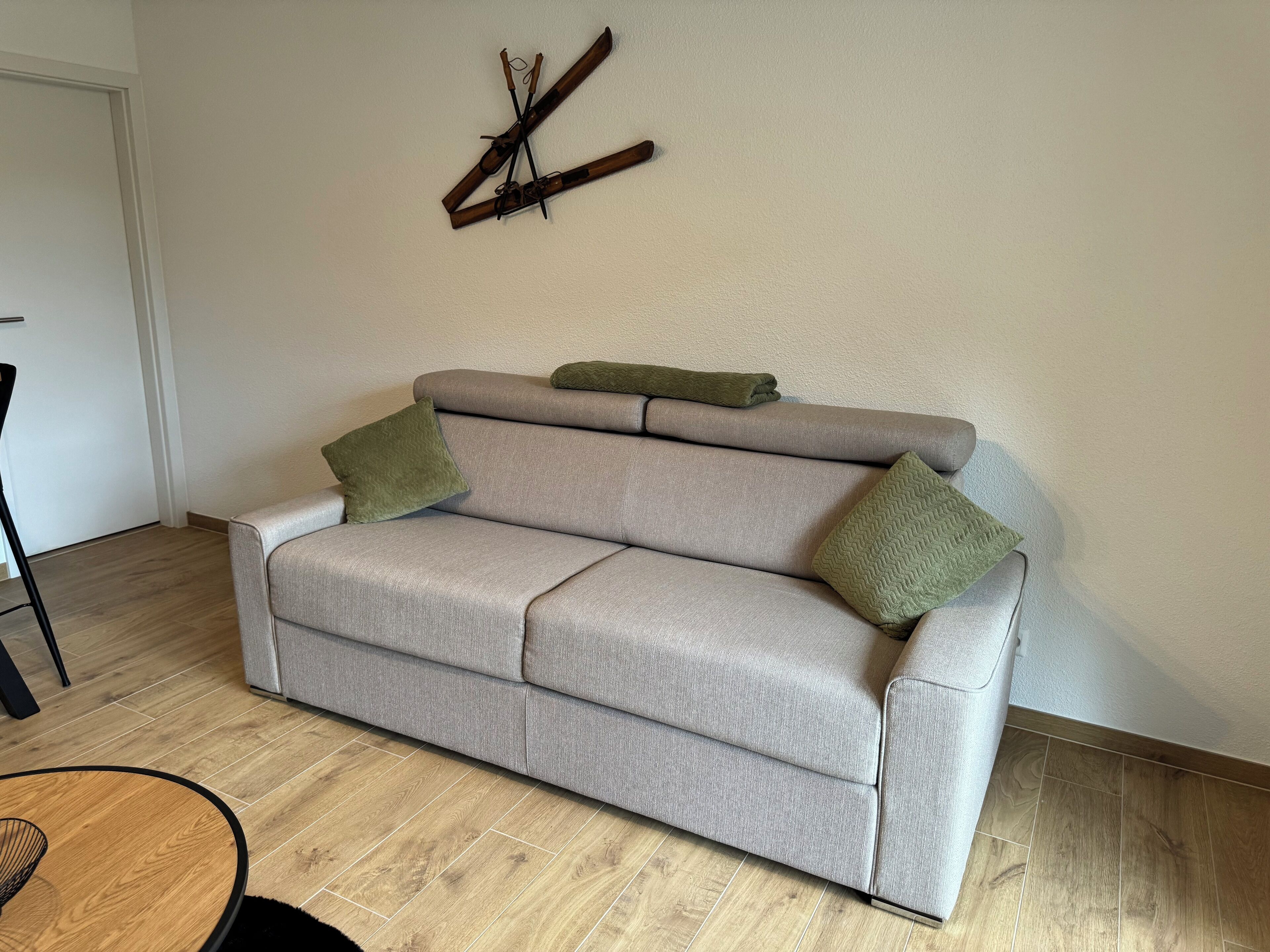 Ein graues Sofa mit zwei grünen Kissen, ein Holzboden und ein an der Wand befestigter Skihalter.