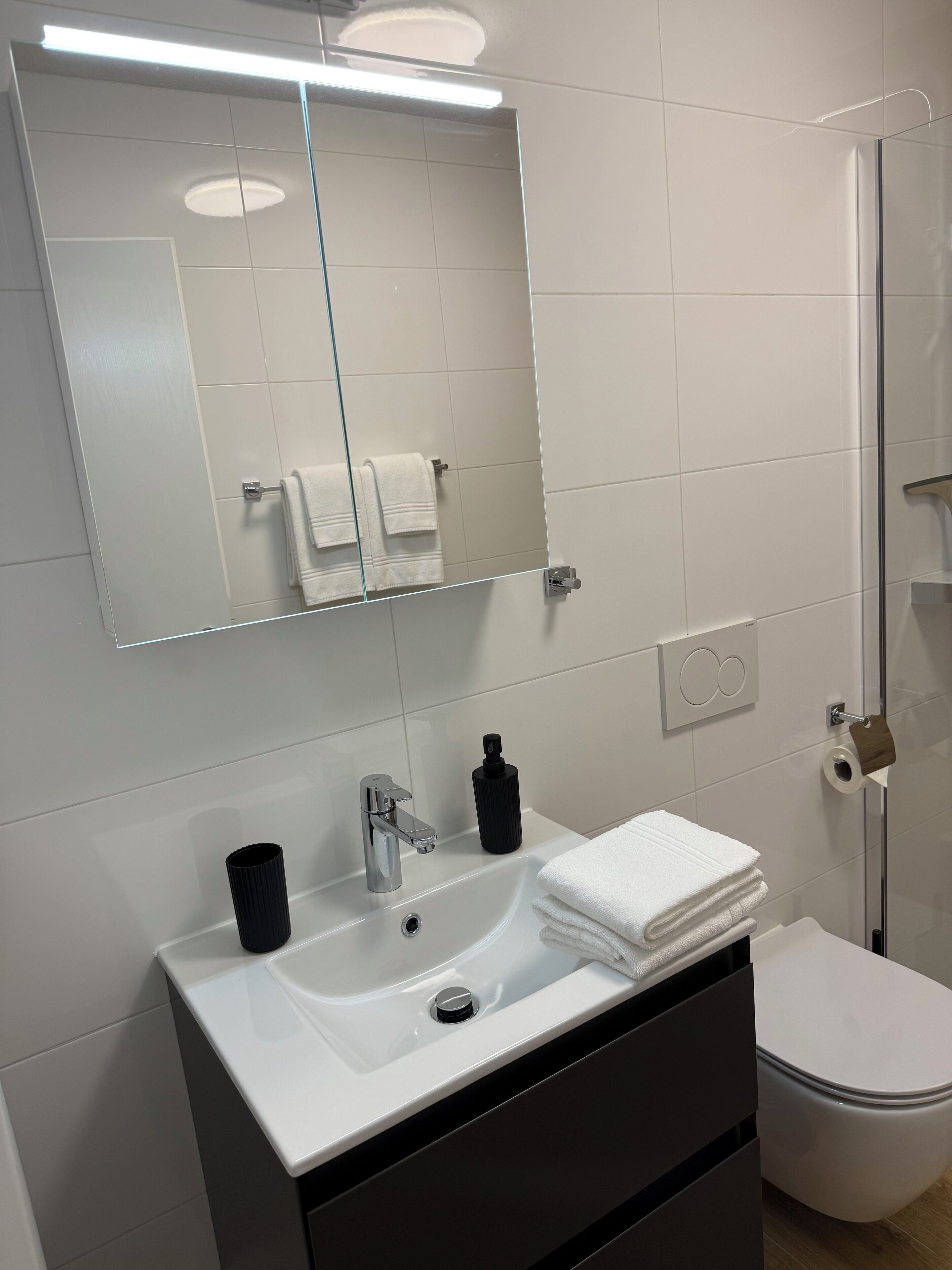 A modern bathroom with a white sink, black soap dispenser, and a mirror above it.