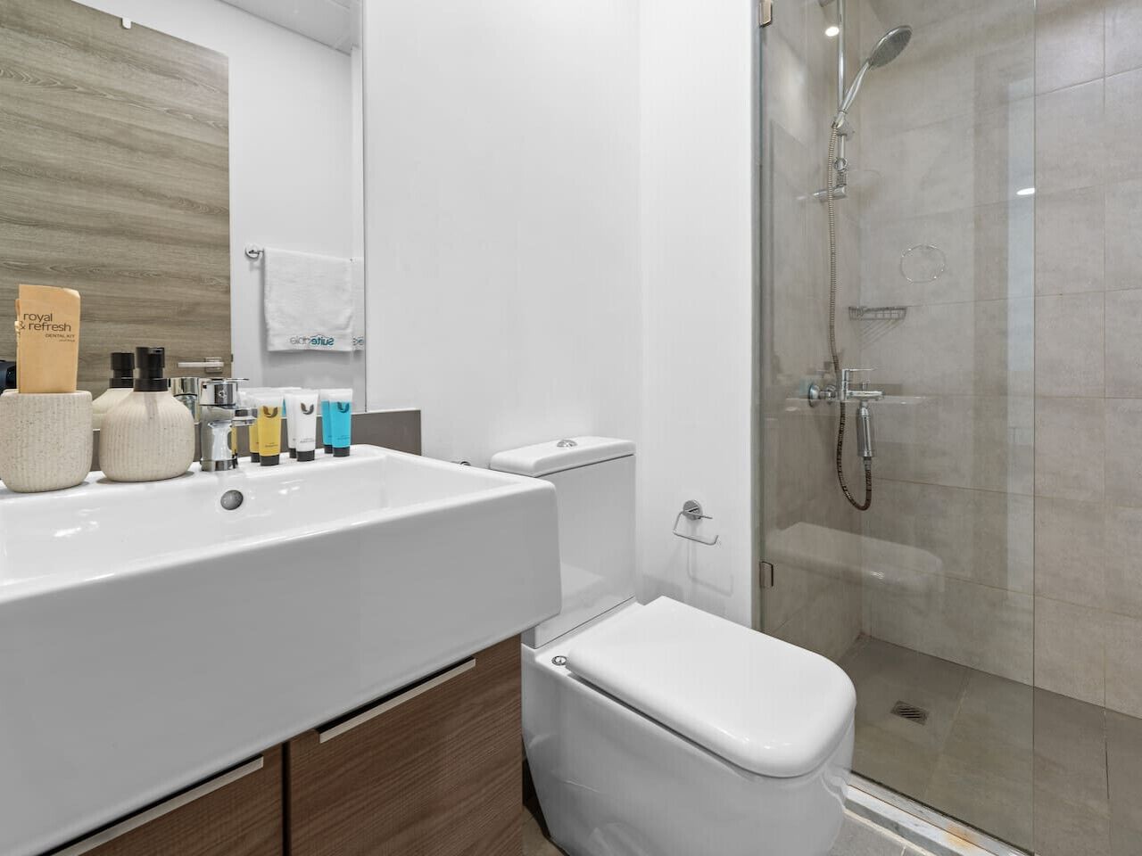 Une salle de bain moderne avec un grand lavabo blanc, des toilettes et une douche à parois de verre.