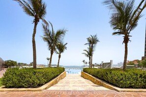 A pathway leading to a pool with palm trees on either side.