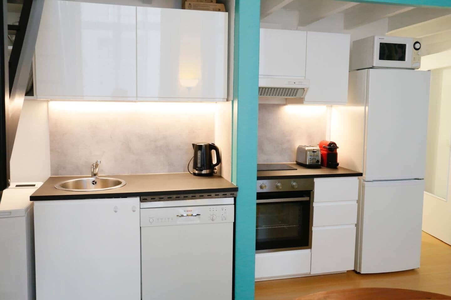 Fridge, microwave, oven, dishwasher