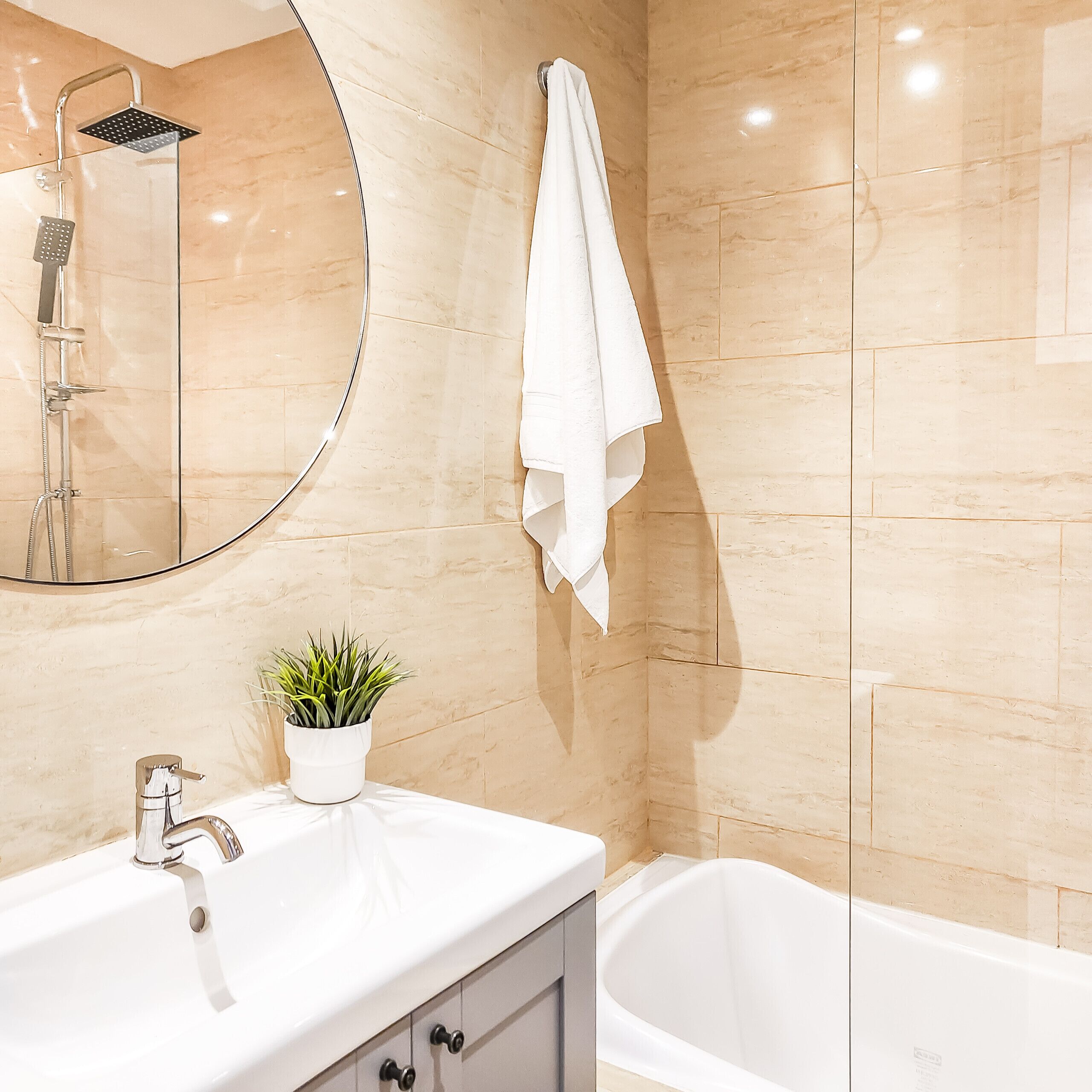 Shower, hair dryer, bidet, towels