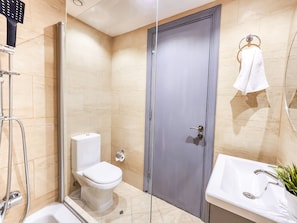 Shower, hair dryer, bidet, towels