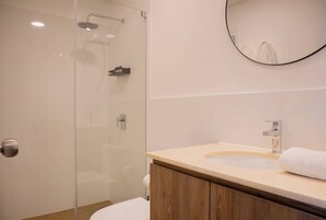 Douche, sèche-cheveux, serviettes fournies, shampoing