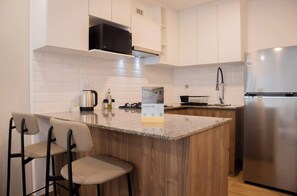 Fridge, microwave, oven, stovetop