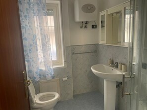 Hair dryer, towels, soap, toilet paper