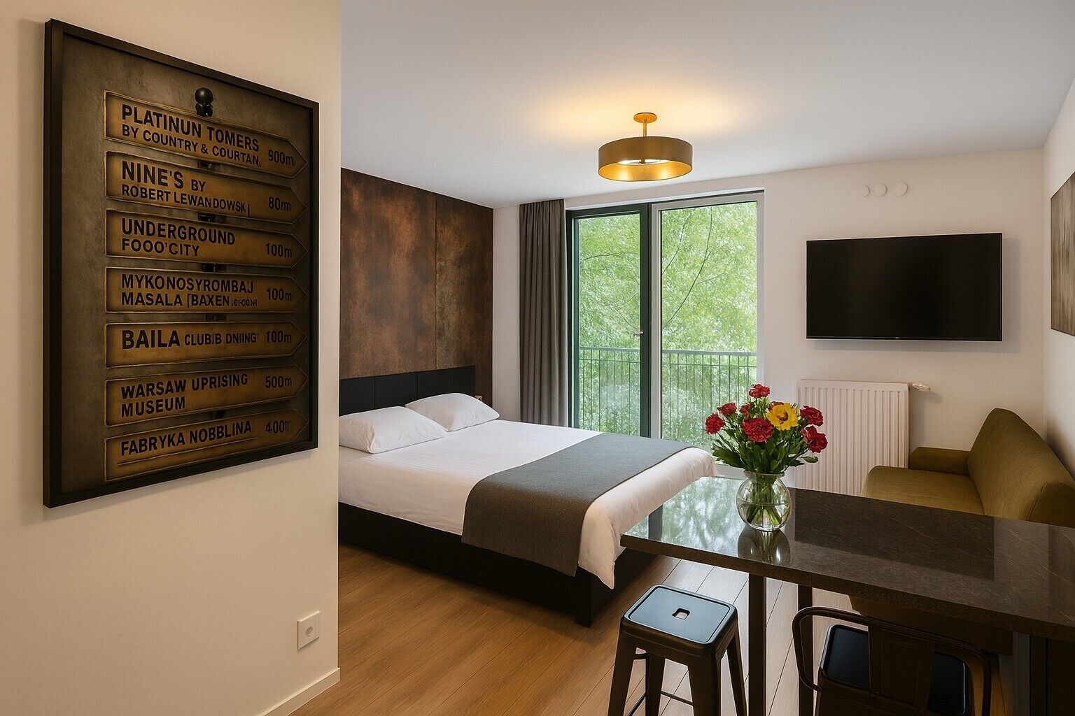 Ein Hotelzimmer mit einem Bett, einem Esstisch mit Stühlen, einem Fernseher und einem großen, an der Wand befestigten Schild mit Entfernungsangaben.