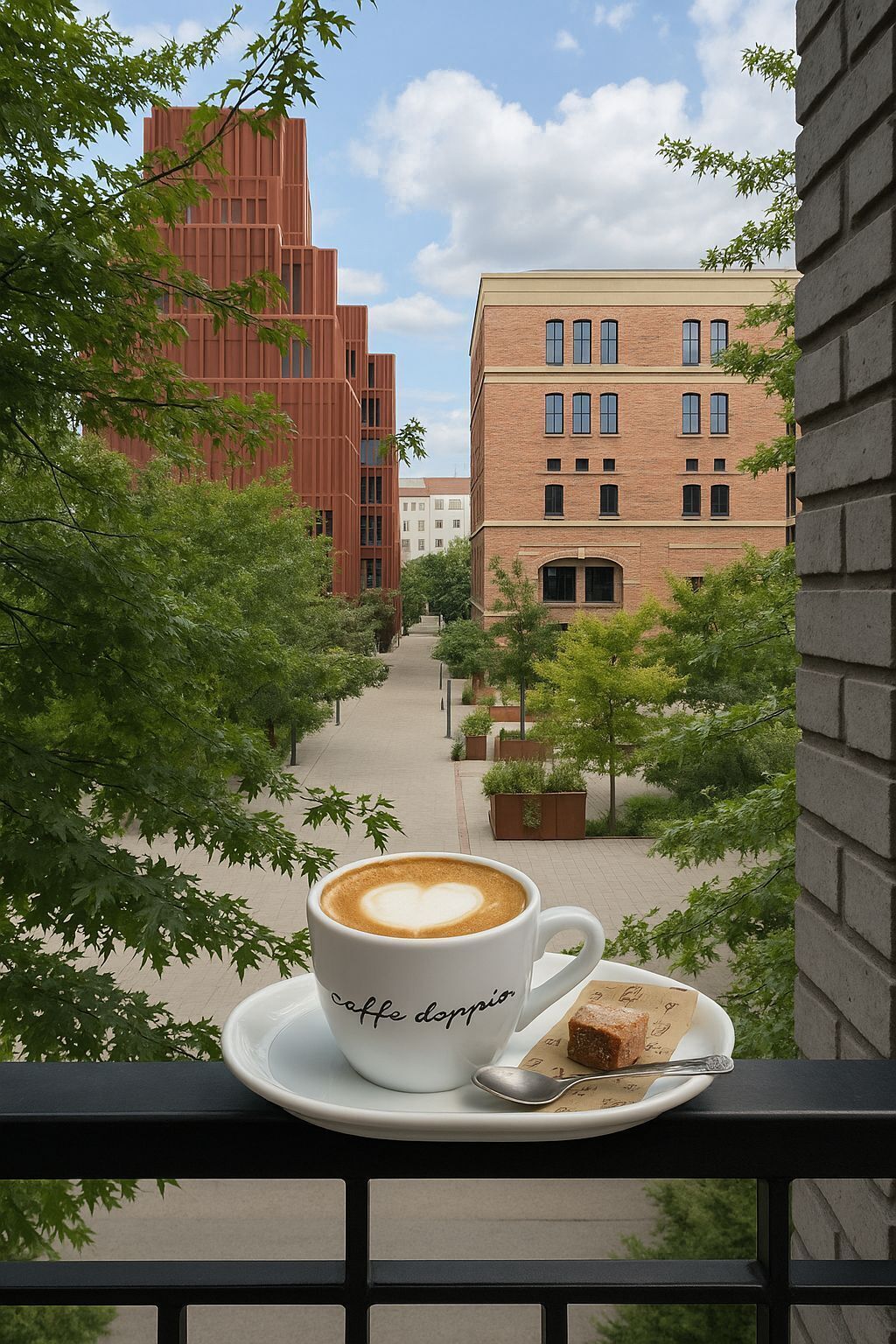 Una taza de café con un diseño de corazón en un balcón con vistas a un paisaje urbano de edificios modernos y árboles.