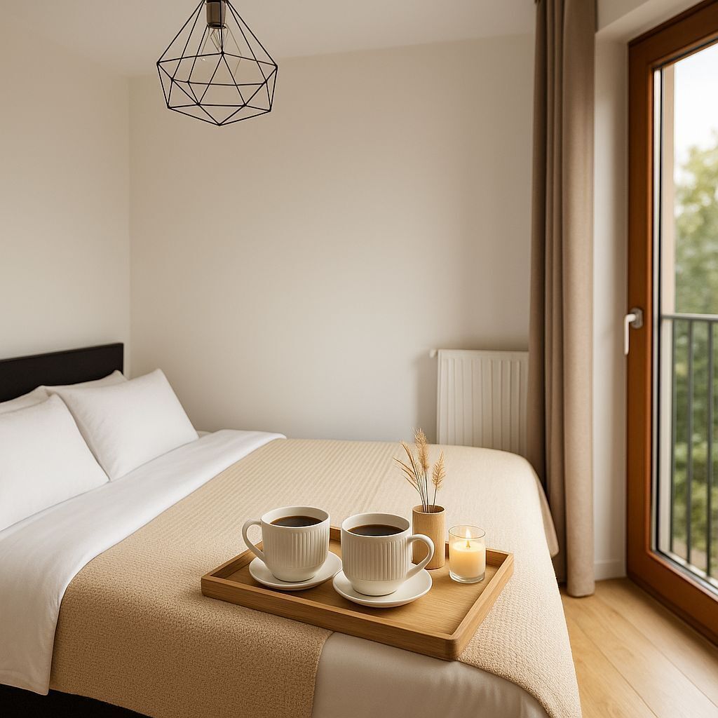 A neatly made bed with a tray of coffee cups and a candle, a geometric pendant light, and a view of greenery through a window.